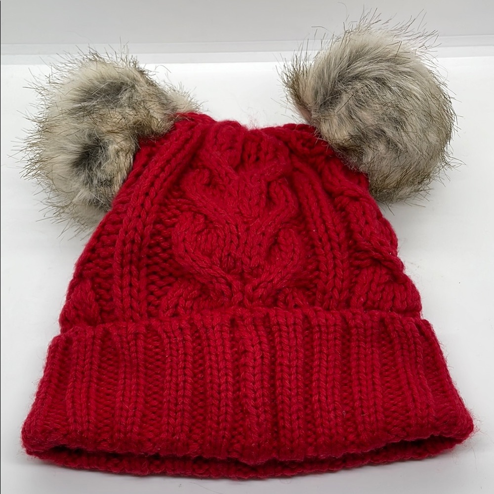 Baby Gap Red Kids Knit Hat with Faux Fur Pom Poms XS/S
